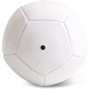 A mini soccer ball in white with pentagon panels and a small valve hole, featuring a logo.