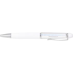 A white promotional pen with a silver clip and a transparent barrel, featuring a branding logo.