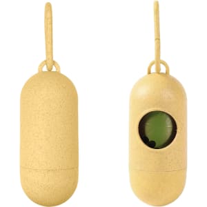 A yellow eco-friendly pill-shaped pet waste bag dispenser with a viewing window and a hanging loop.