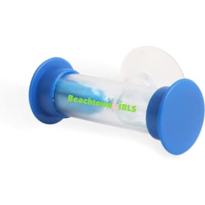 A blue and clear three-minute sand timer with circular ends, featuring a logo on the body.