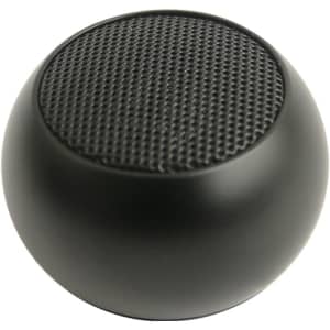 A round, black mini bass wireless speaker with a textured top surface, featuring a logo on the side.