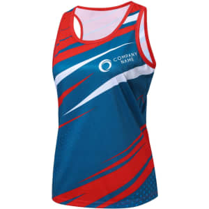 A sublimated sports singlet in blue, red, and white with a logo on the front.