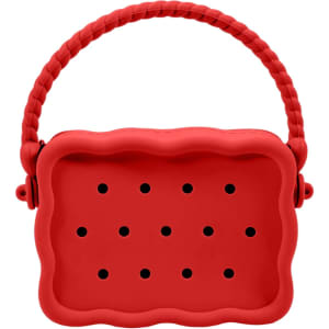 A red silicone bag with a textured design and holes, featuring a braided handle. It has a zip closure.