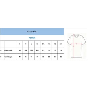 A size chart featuring measurements for a T-shirt in various sizes from S to 5XL, with specific chest width and total length.