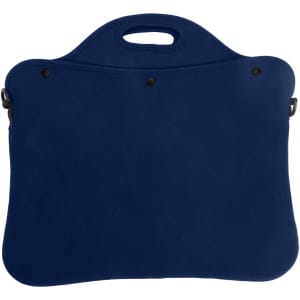 A navy laptop bag with a handle and button closures, featuring a sleek, smooth design.