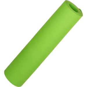 A rolled premium TPE yoga mat in bright green, featuring a smooth texture and a logo on one side.