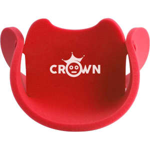 A red party hat with a curved design and a logo on the front. Ideal for celebrations and festive occasions.