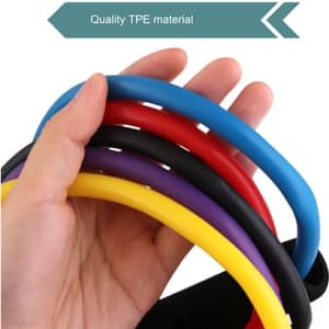 A hand holding multiple Figure 8 resistance bands in blue, red, purple, and yellow, made from quality TPE material.