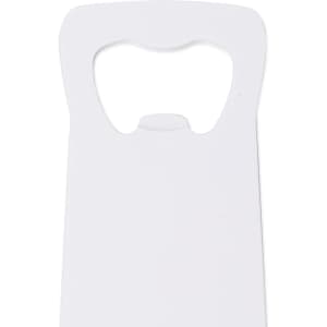 A drink bottle opener in white, featuring a logo, designed for easy use. Ideal for keyrings and tools.