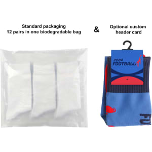 Knee high football socks in a blue and navy pattern, packaged in a biodegradable bag with a custom header card.