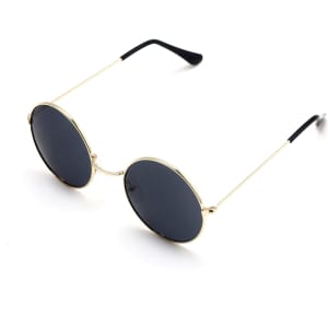 Retro round sunglasses with black lenses and a gold frame. Features sleek black ear tips.