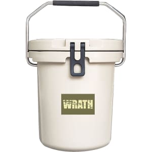A 15L cream-coloured ice bucket with a black handle and a logo on the front.