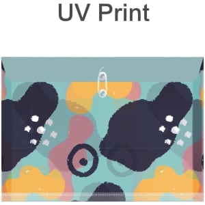A rope-fastened folder with a colourful abstract pattern in teal, navy, orange, and pink. It features a plastic closure and has a logo.