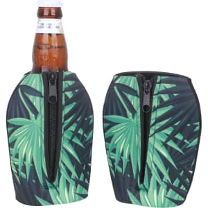 A drink bottle cooler with a zipper, featuring a green leafy design, designed to fit standard drink bottles.