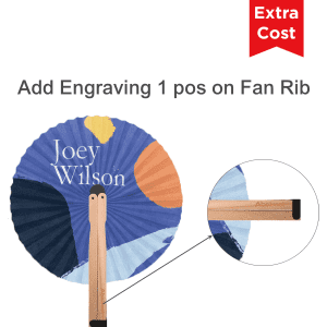A round wooden paper fan featuring a multi-coloured design and a wooden handle, with an option for engraving.