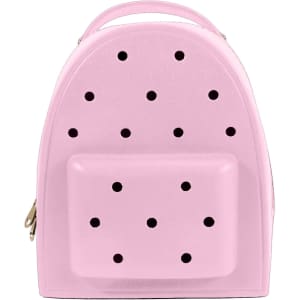 A pink EVA backpack featuring a rounded shape with holes and a front pocket. It has a handle on top.