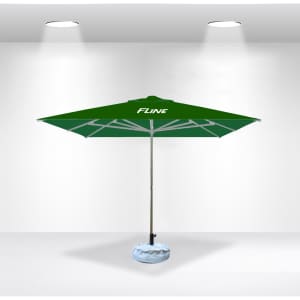 A green commercial market umbrella with a silver pole and a blue base, featuring a logo on the canopy.