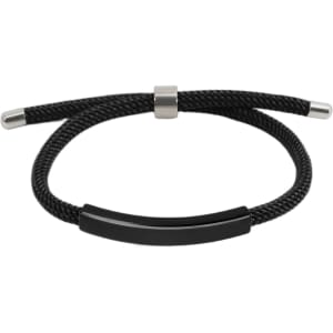 A black metal woven bracelet with a sleek, curved bar and a silver clasp. Features a logo.