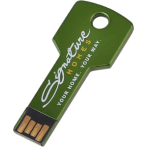 A green flash drive shaped like a key, featuring a logo and a USB connector on one end.