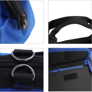 A blue tool bag featuring black zippers, handles, and interior pockets with metal rings. It has a logo displayed on the side.