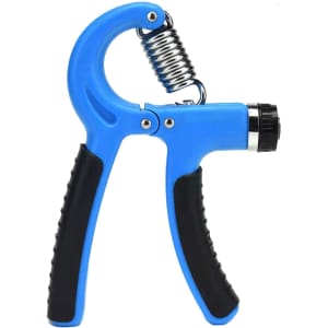 A blue and black adjustable hand grip with a spring mechanism, designed for grip strength training.