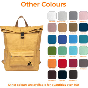 A yellow Tyvek roll top backpack with various colour swatches displayed alongside. It features a logo.