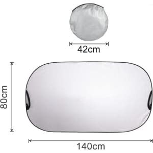 A light-blocking car sun shade in silver with black trim, featuring dimensions of 140cm by 80cm and a compact storage size of 42cm.