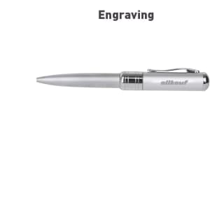 A silver pen with a shiny finish and a logo, featuring a push mechanism and a sleek design.