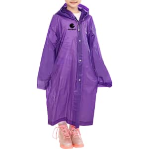 A purple reusable raincoat with a hood, featuring a logo, worn by a child in transparent rain boots.