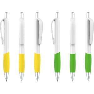 Six plastic pens with creamy white barrels and yellow and green grips, featuring a silver clip and tip.