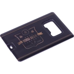 A drink bottle opener flash drive in black with a logo, designed in a card shape for easy portability.