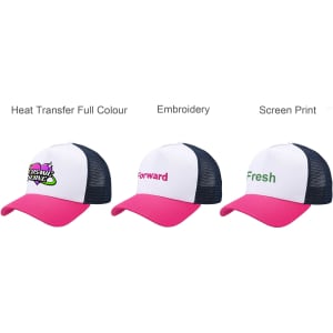 A trio of trucker hats featuring a white front with pink brims and black mesh backs, showcasing different designs.