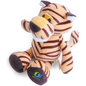 A striped orange and brown tiger plush toy with a friendly expression and a small logo on the bottom.
