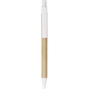 A kraft paper ball pen with a white plastic clip and a white tip. The barrel is a natural brown colour.