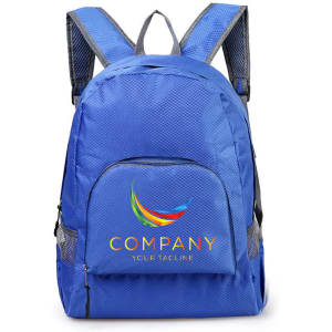 A blue backpack with a textured design, featuring a front pocket and padded shoulder straps. It has a logo on the front.