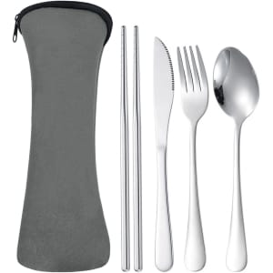 A grey travel pouch containing stainless steel cutlery: chopsticks, knife, fork, and spoon.