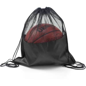 A black drawstring mesh backpack containing a basketball, featuring a logo on the side.