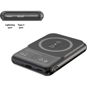 A black 5000mAh eco magnetic power bank featuring Lightning and Type-C ports, with a wireless charging area.