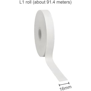 A roll of white satin polyester ribbon, measuring 16mm in width and approximately 91.4 metres long, with a visible brand logo.