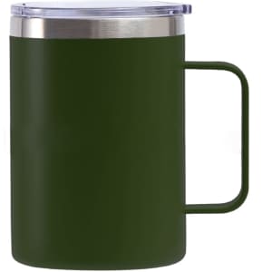 A stainless steel cup with a handle in dark green, featuring a clear lid and a sleek design.