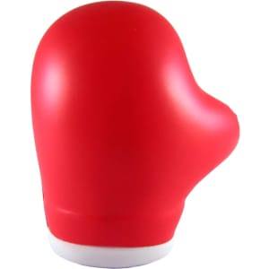 A red boxing glove-shaped stress reliever with a white base and a smooth finish. It features a logo on it.
