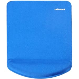 A blue rectangular gel pad with a smooth surface and a curved edge, featuring a logo in one corner.