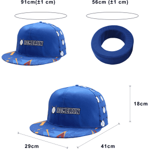A large blue baseball cap featuring white decorations and a logo, with dimensions displayed around it.