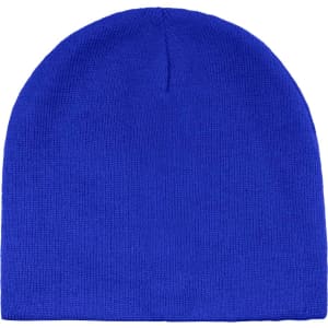 A blue beanie with a seamless knit design, featuring a logo on the side.