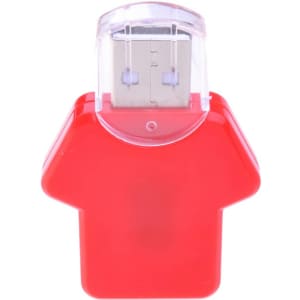 A red Tee Shirt shaped flash drive featuring a clear protective cap. It has a USB connector on one end.