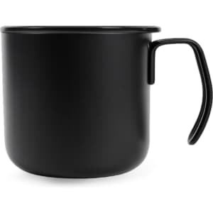 A drink bottle features a sleek black stainless steel design with a handle and insulated structure. It has a logo.