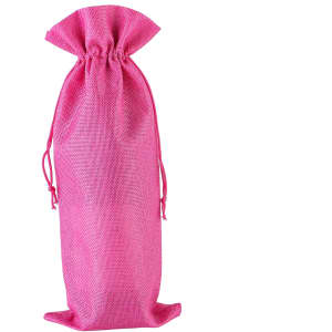 A pink drawstring bag designed for holding wine bottles, featuring a gathered top and a logo.