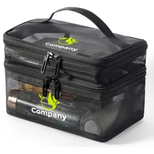 A black double-layer cosmetic bag with a mesh design, featuring a handle and zippered compartments.