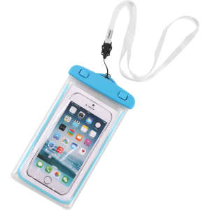 A waterproof phone bag in clear plastic with a blue top, featuring a lanyard for easy carrying.