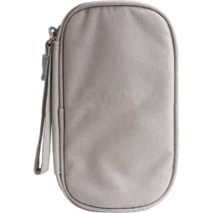 A grey electronic accessory organiser bag with a zip closure and a wrist strap. Features a smooth exterior.
